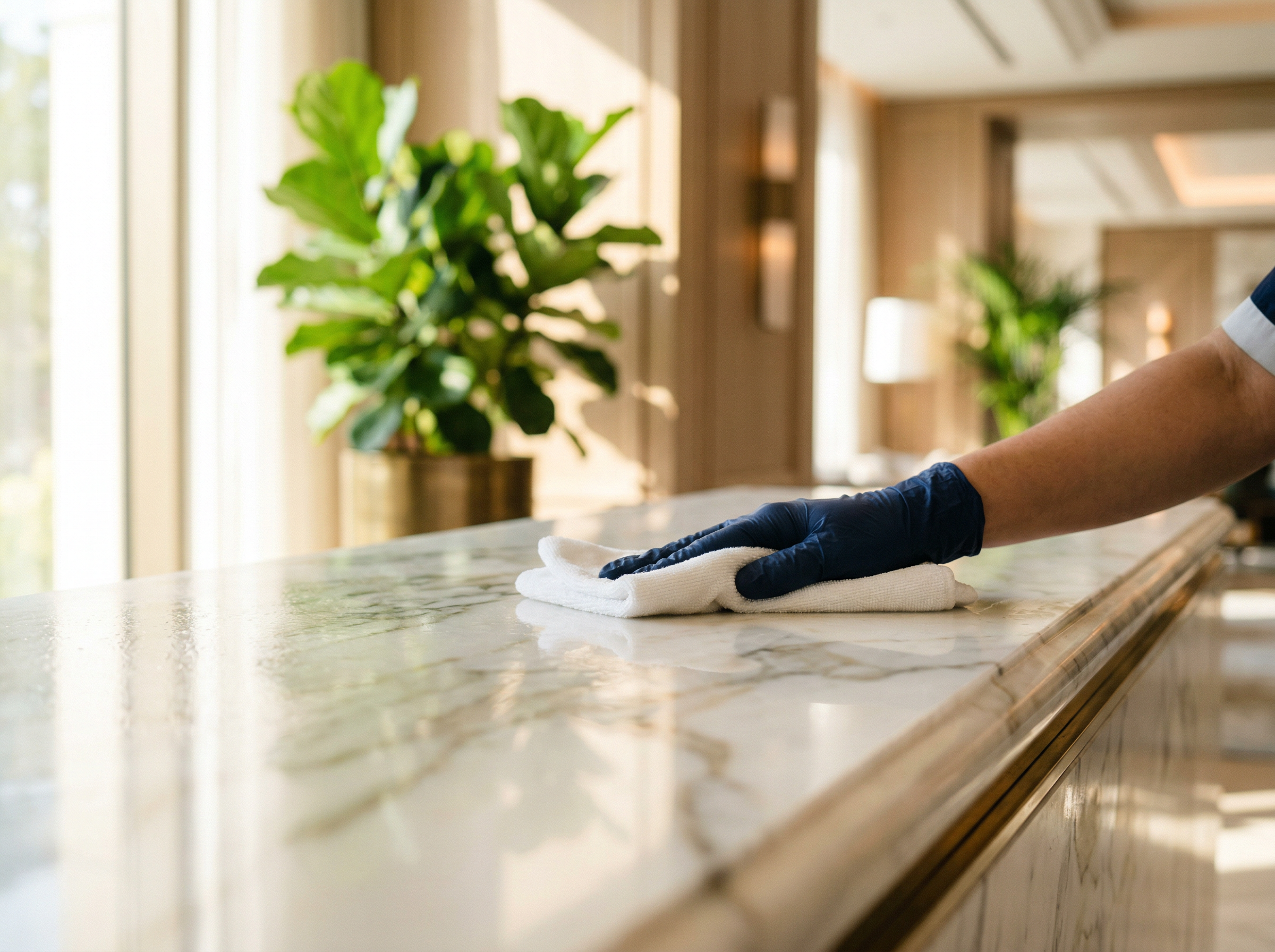 Professional cleaner polishing a marble surface in a bright, modern space