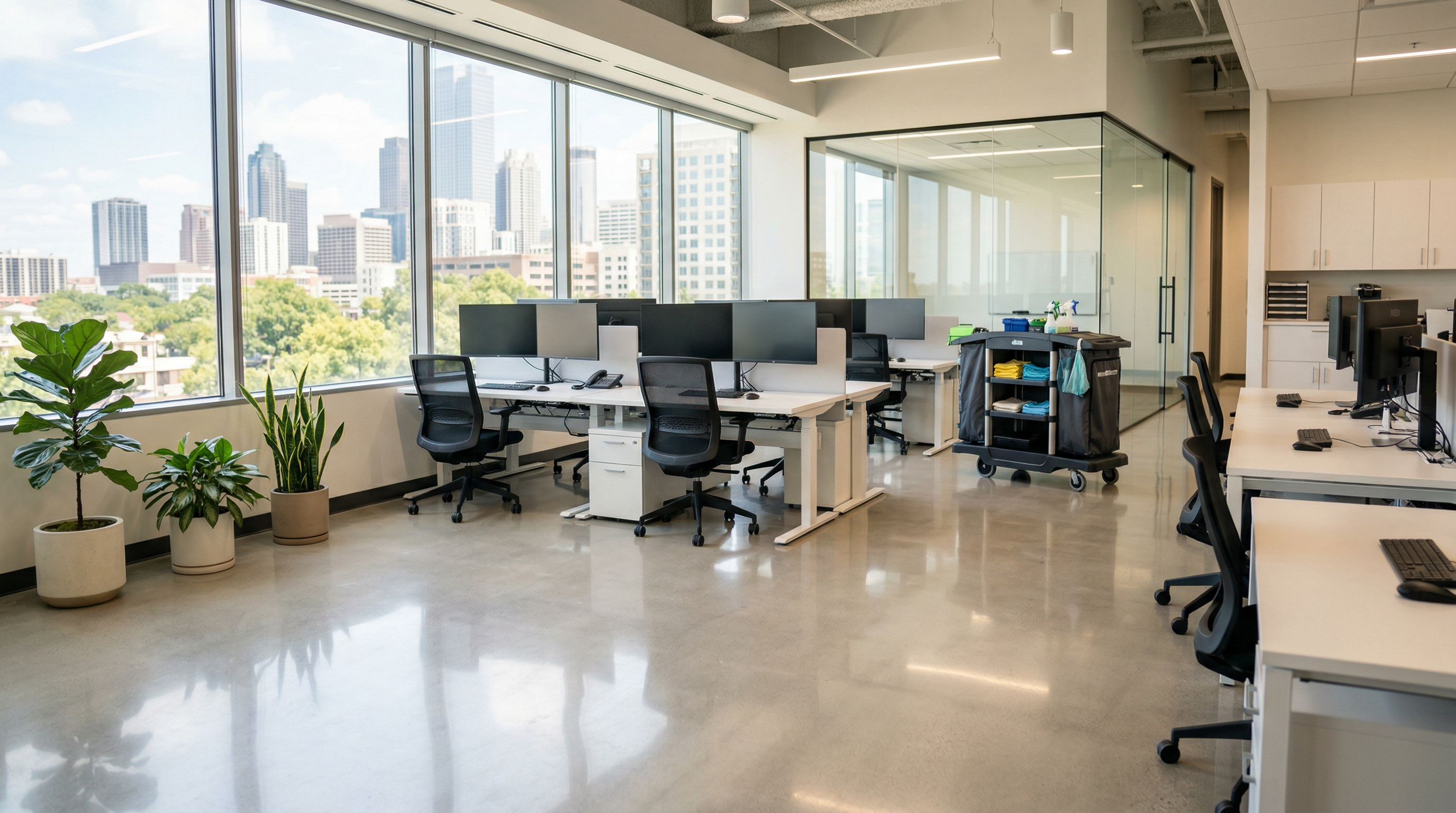 Immaculate modern office with gleaming polished floors and natural light